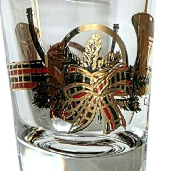 VTG Culver Christmas Shot Glass Yule French Horn 22K Gold MCM Plaid Bow Holiday - Picture 4 of 9